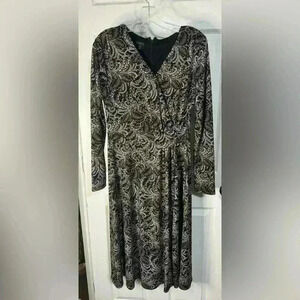 Talbots Brown Black Multi Faux Wrap Side Ruched Stretch Midi Dress Size Medium